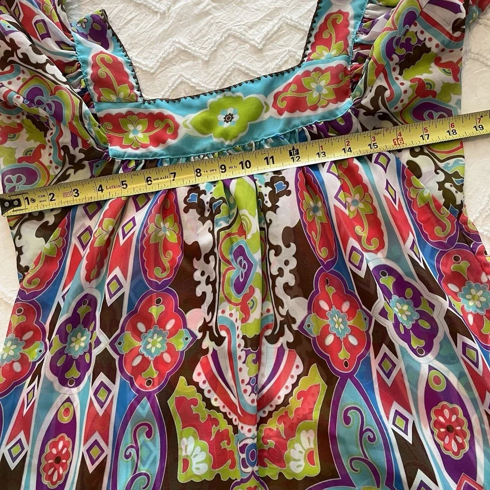Nicole Miller Sheer Paisley Floral Top‎ S Square Neck Boho Embroidered Milkmaid